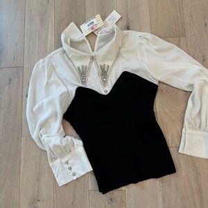 Chic Black and White Embellished Blouse